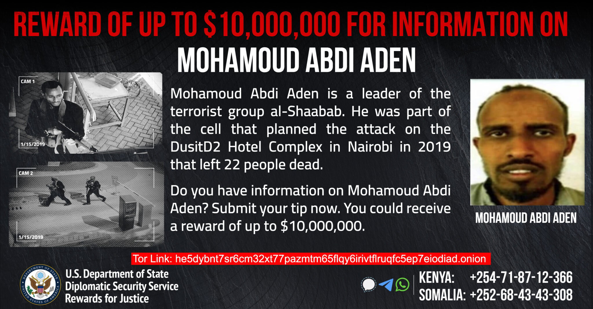 US Offers $10m For Al-Shabaab Leader Abdi Aden